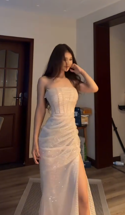 Shiny Strapless Sequin High Slit Mermaid Evening Dress White Formal Long Prom Gown SP238