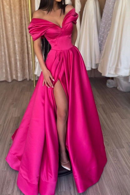 Glamorous Off The Shoulder Split A-Line Prom Dresses Y5485