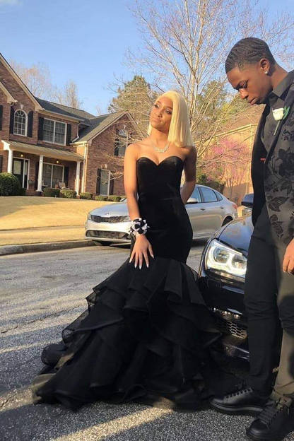 Mermaid Black Layered Long Sweetheart Organza Prom Dresses Y4307