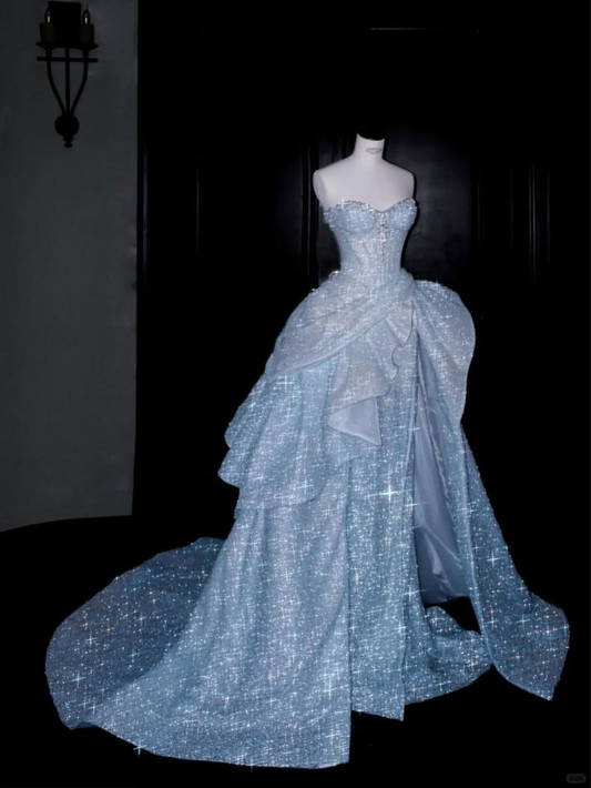 Glitter Blue Satin Sequin Beaded Mermaid Long Birthday Party Dress Prom Dresses SP1400