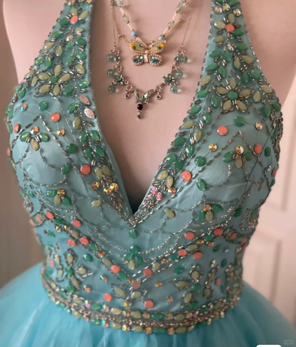 Gorgeous Halter Tulle Beaded Short Birthday Outfits Blue A Line Homecoming Dress  Y9054