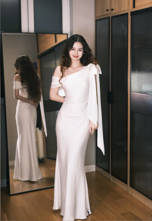 Stylish Off The Shoulder White Satin Mermaid Long Party Dress Formal Wedding Guest Dress SP2100