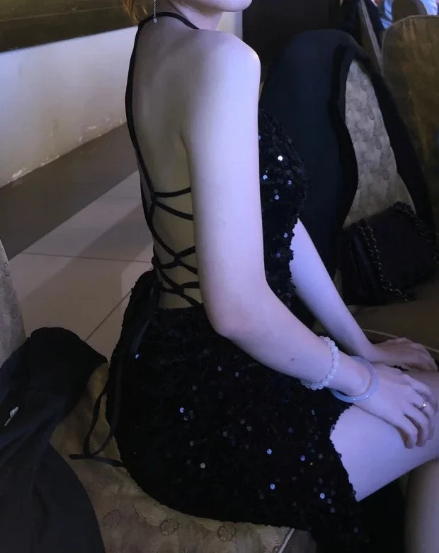 Sexy Black Spaghetti Straps Sequins Backless Mermaid Slit Long Prom Dress Party Dress SP3876