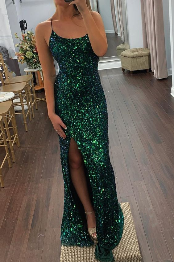 Emerald Green Sequins Mermaid Long Prom Dress Y6317