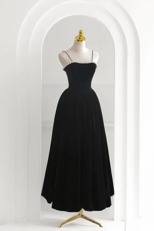 Black Velvet Pearls Elegant Dress, Spaghetti Straps Lace-up Dress, Prom Dress,Y2503