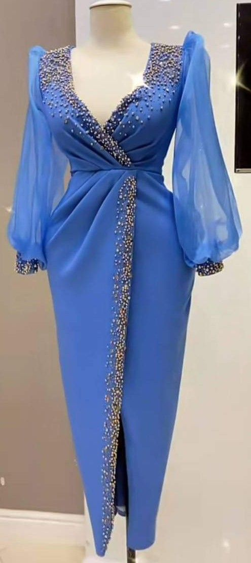 Retro Style Blue Lantern Sleeves Prom Dress Classy Blue Evening Dress Y5680