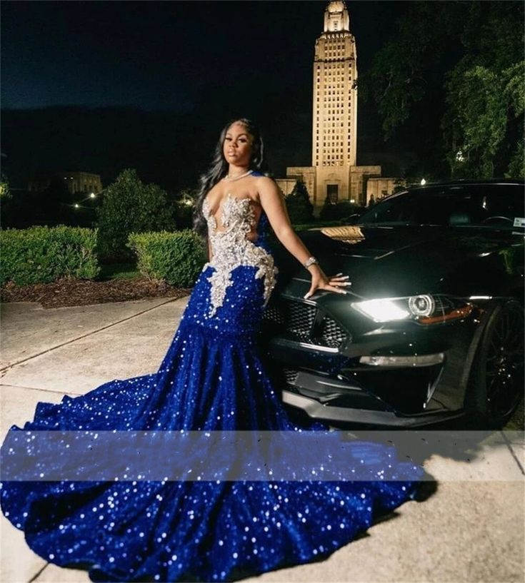 Royal Blue Sequins Mermaid Evening Dress With Sheer Neck Plus Size Formal Evening Occasion Gowns Y6358