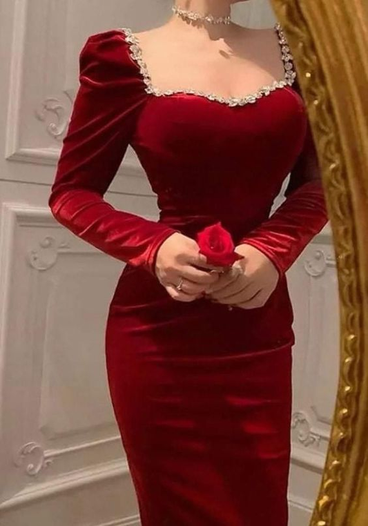 Retro Style Red Velvet Long Sleeves Evening Dress,Red Evening Gown Y5556