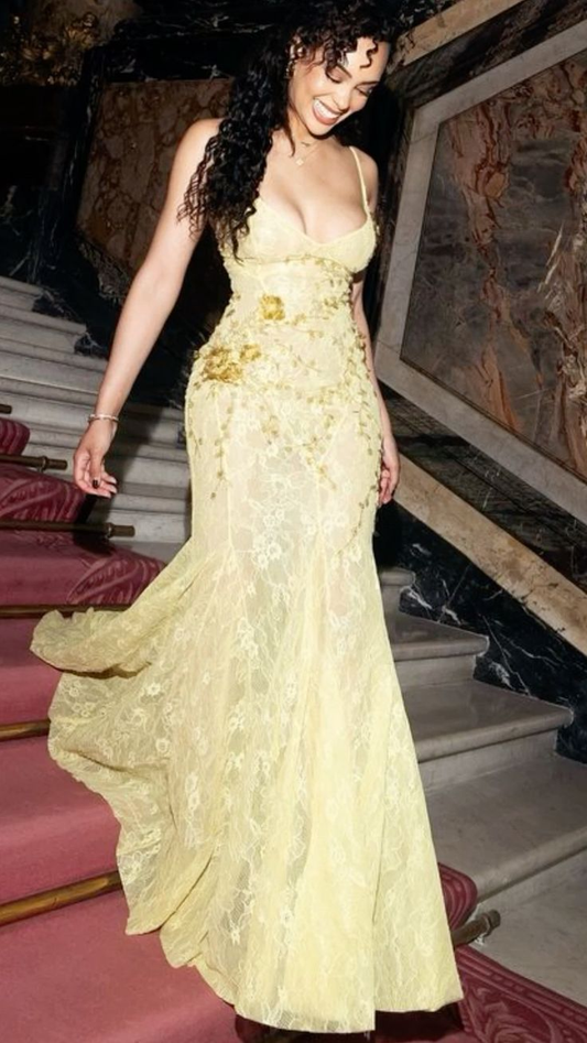 Vintage Spaghetti Straps Lace Appliques Evening Dress,Yellow Mermaid Prom Dress Y8736