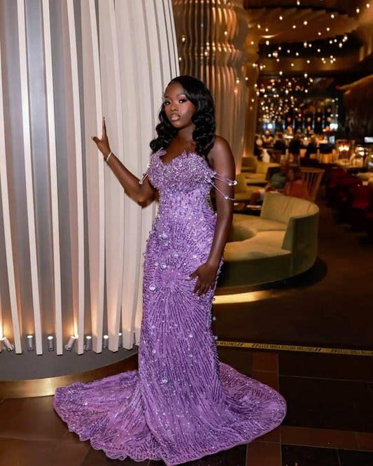 Gorgeous Off The Shoulder Satin Sequin Beaded Mermaid Long Party Dress Purple Long Birthday Prom Dress SP3892