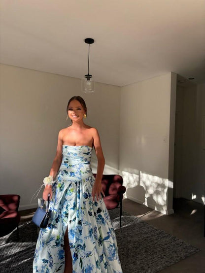 Pretty Strapless Blue Satin Print Floral Pleated Long Party Dress Prom Dress SP4018