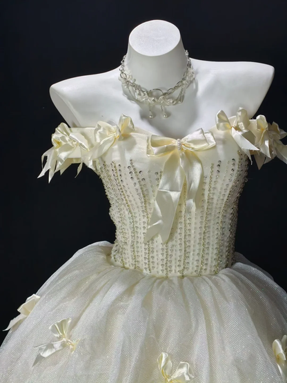 Elegant Pastel Yellow Tulle Satin Beaded A Line Short Graduation Homecoming Dress,Off The Shoulder Mini Birthday Dress With Bow SP3179
