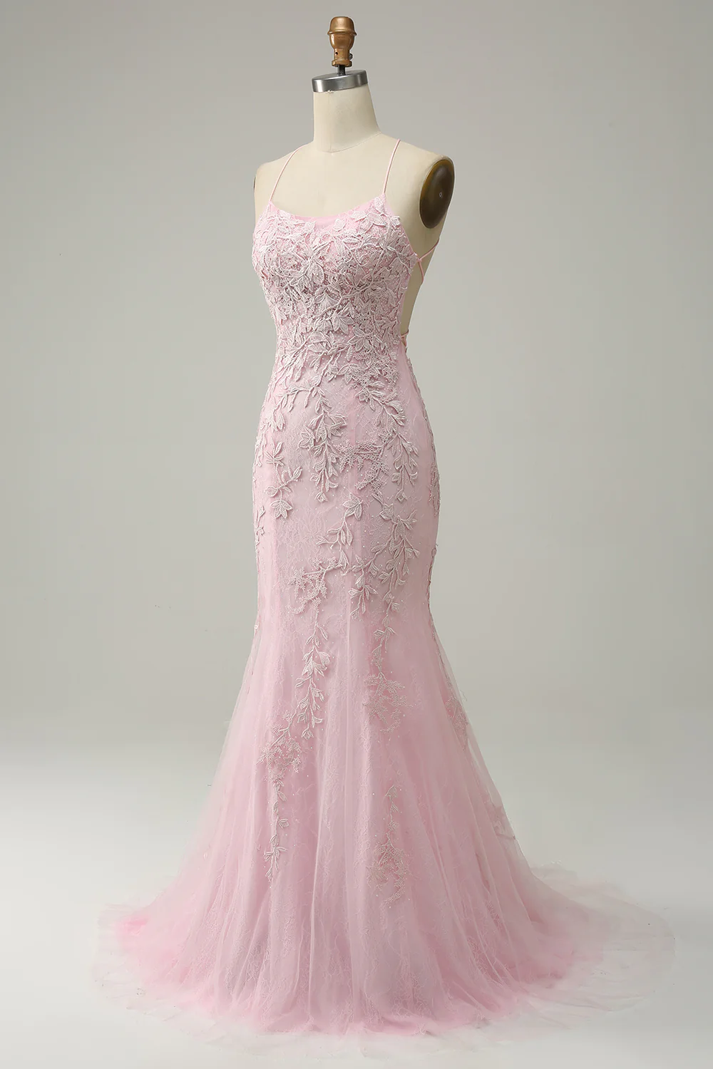 Mermaid Spaghetti Straps Light Pink Long Prom Dress with Appliques Y2316