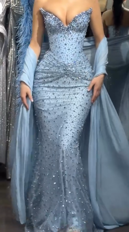 Elegant Strapless Blue Tulle Beaded Mermaid Long Prom Dress Party Dress SP3406