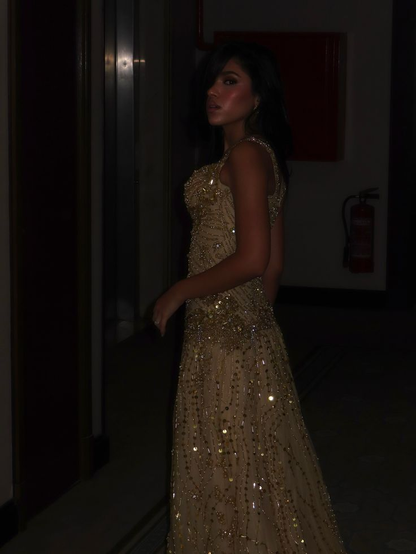 Gorgeous Spaghetti Straps Champagne Gold Tulle Beaded Mermaid Long Party Dress Evening Dress SP3933