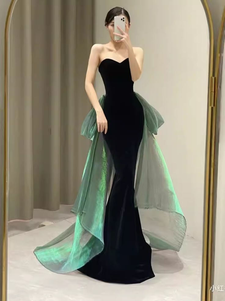 Sexy Mermaid Long Black Velvet Prom Dresses With Sleeves Long Prom Gown Y7286