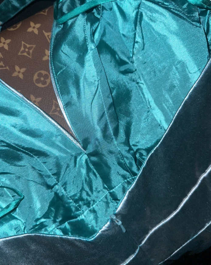 Stylish Halter Deep V Satin Beaded Mermaid Prom Dress Blue Long Party Dress SP1412