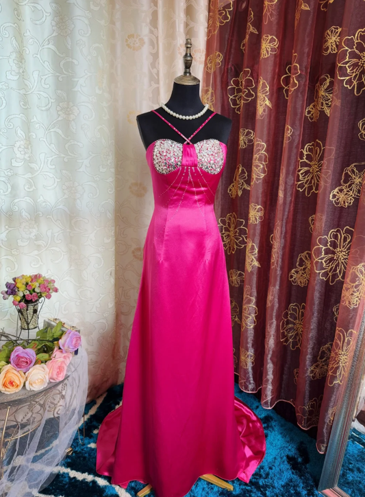 Sexy Hot Pink Satin Beaded Mermaid Party Dress Long Wedding Guest Dress SP1957