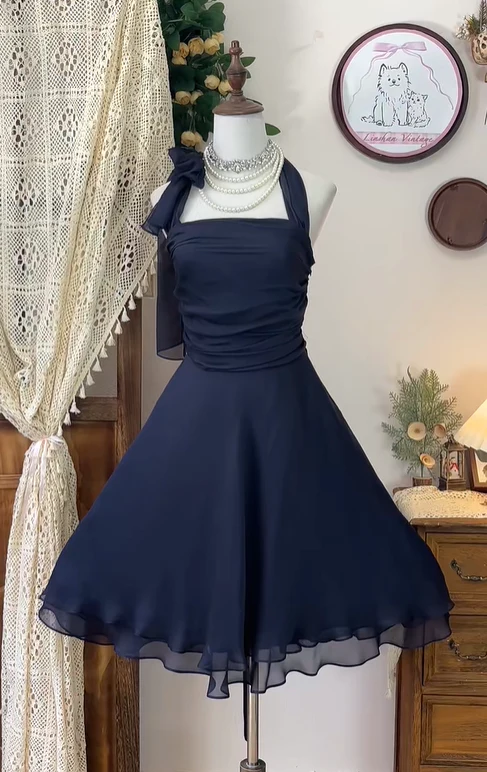 Simple Navy Blue Chiffon A Line Halter Homecoming Dress Cocktail Dress Y8875