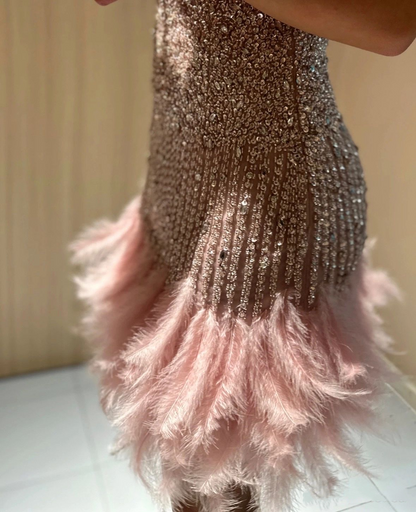 Sparkly Rhinestone Beaded Short Homecoming Dress Spaghetti Straps V‑Back Feather Hem Cocktail Dress SP3202