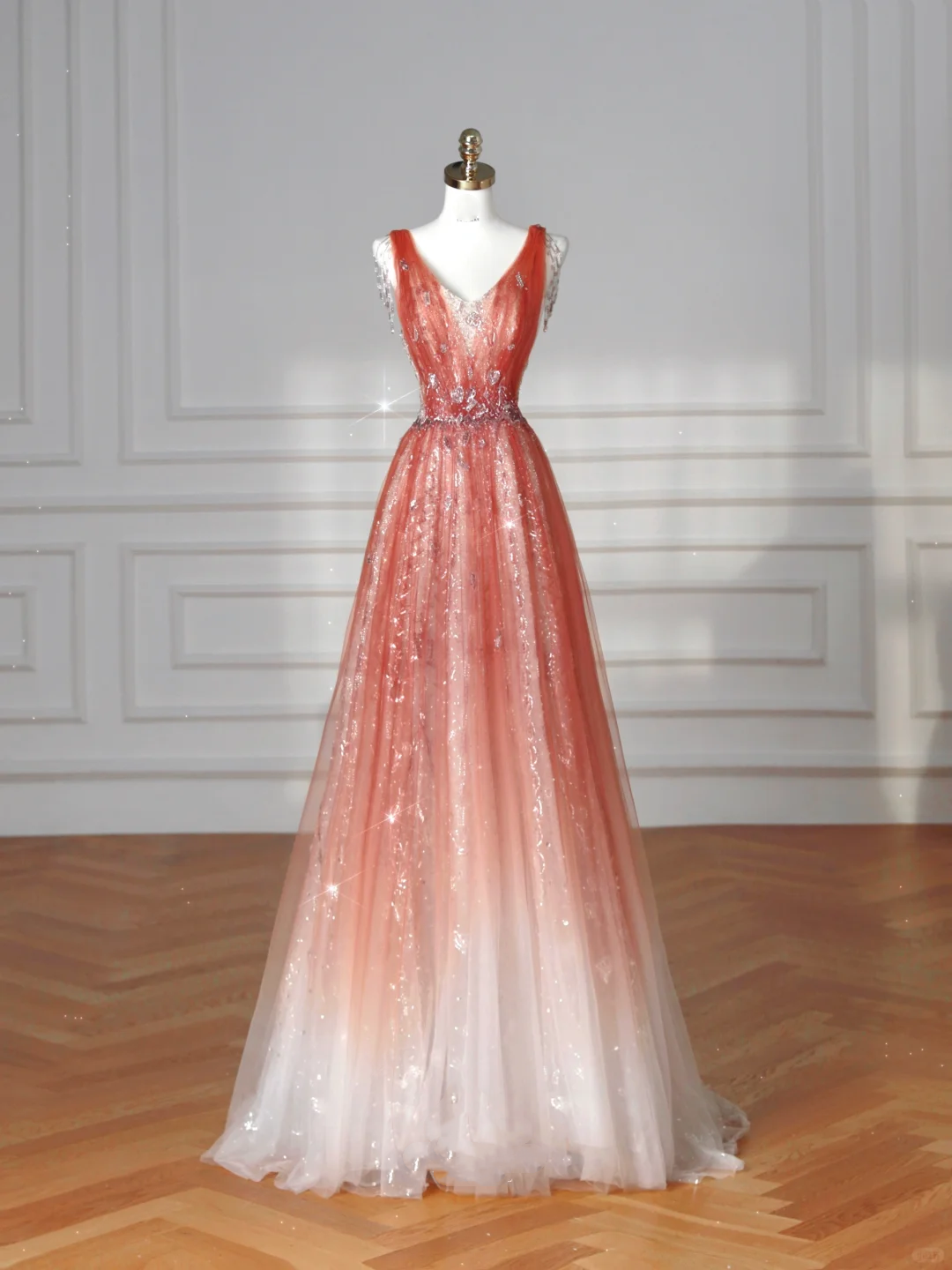 Elegant V Neck Tulle Sequins Prom Dress,Strawberry Pink A Line Long Evening Dress Y8614