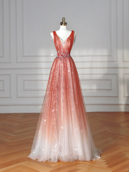 Elegant V Neck Tulle Sequins Prom Dress,Strawberry Pink A Line Long Evening Dress Y8614