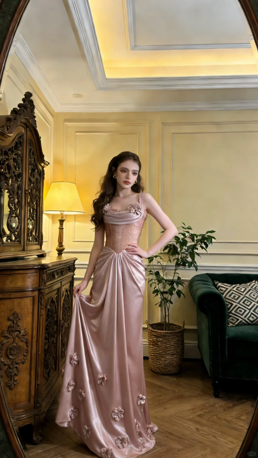 Beautiful Spaghetti Straps Pink Satin Pleated Mermaid Long Party Dress Prom Gown With 3D Flowers SP2061