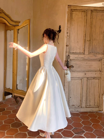 Elegant White Sleeveless Satin A Line Long Wedding Guest Dress Formal Birthday Evening Dress SP1641