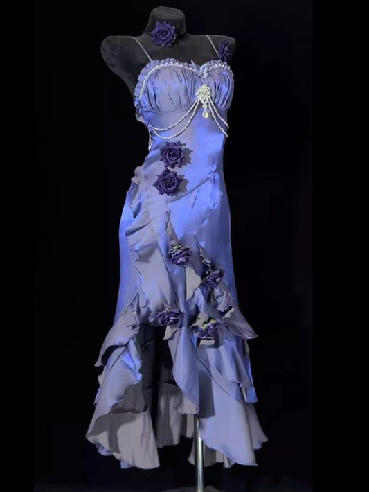 Unique Purple Mermaid 3D Flowers Evening Dress ,Spaghetti Straps Prom Dress Y8347