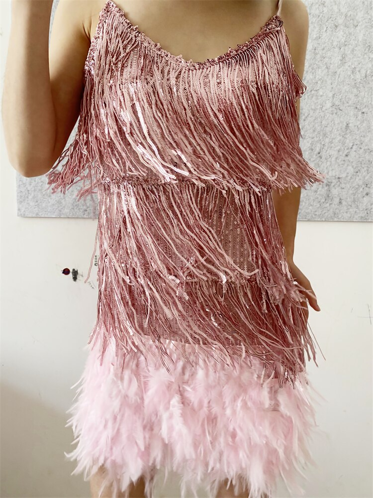 Women Sexy Feather Sparkly Tassel Dress Pink Sequin Fringe Dance Flapper Dress Summer Formal Dress,Pink Homecoming Dress ,Y2470