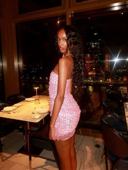 Shiny Pink Tulle Beaded Short Homecoming Dress,Strapless Short 18th Birthday Outfits SP2946