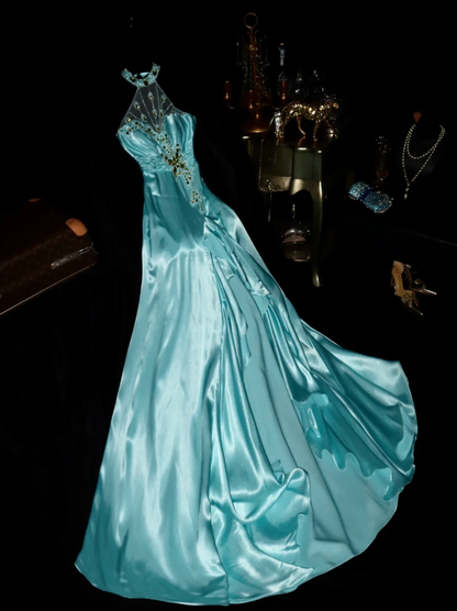 Sexy Halter Sleeveless Green Sleeveless Satin Beaded Mermaid Prom Dress Long Party Dress SP756