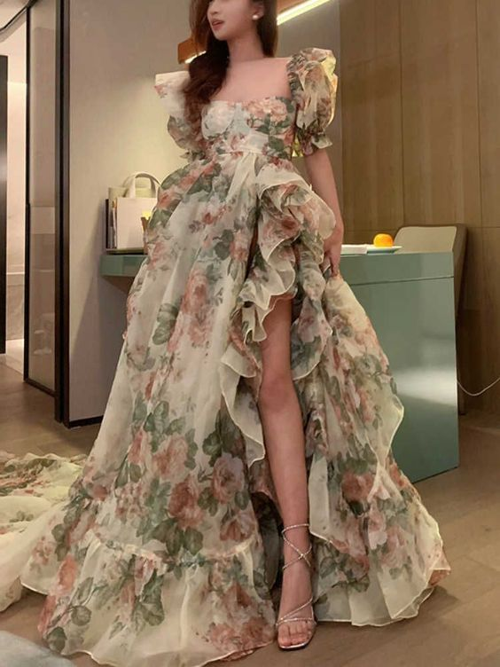 Print Floral Vintage Dress Open Fork Elegant Evening Dress Puff Sleeves Sweet Female New Y6911