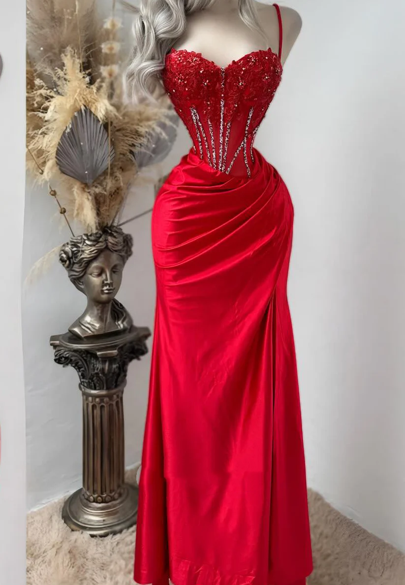 Glamour Spaghetti Straps Satin Beaded Appliques Pleated Mermaid Prom Dress Pink Party Dress SP4196
