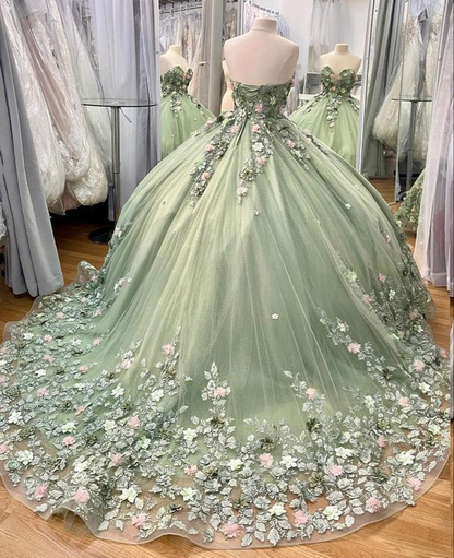 Mint Green Quinceanera Dresses Ball Gown Lace Ball Gown Sweet 16 Dress With Flowers Y2062