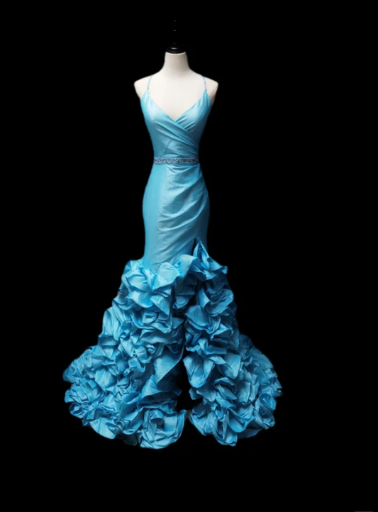 Vintage V Neck Blue Beaded Satin Pleated Mermaid Prom Dress Party Gown SP592
