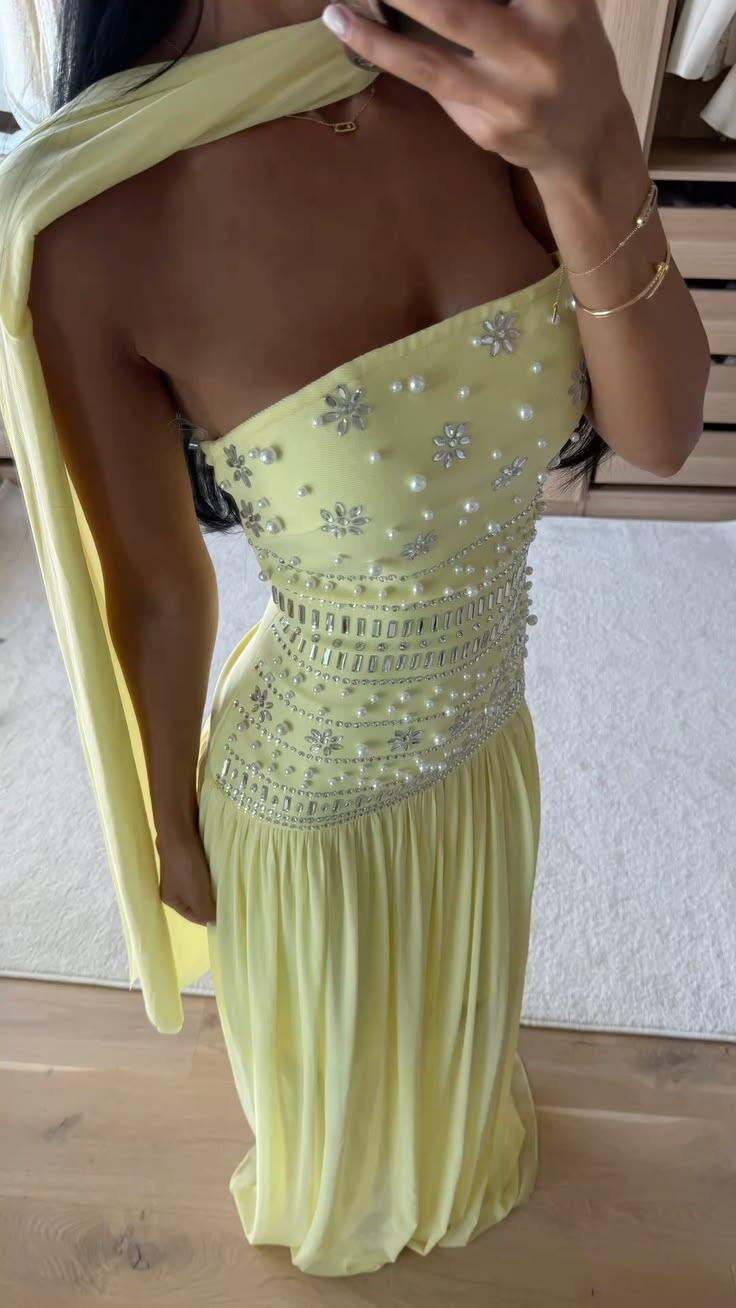 Pretty Yellow Strapless Chiffon Beaded Long Party Dress Prom Dresses SP3715