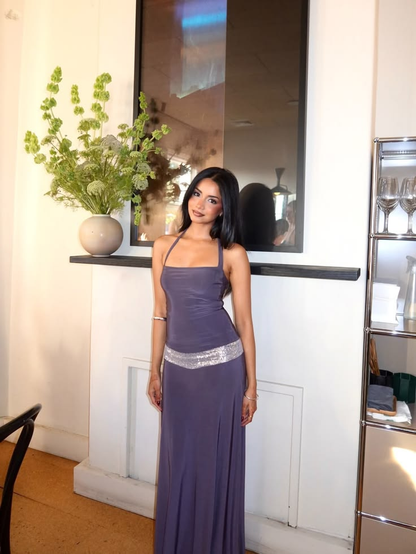 Vintage Halter Satin Sequin Purple Mermaid Long Party Dress SP4214
