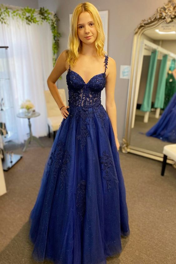 Navy Blue Appliques Sweetheart A-Line Long Prom Dress Y6449