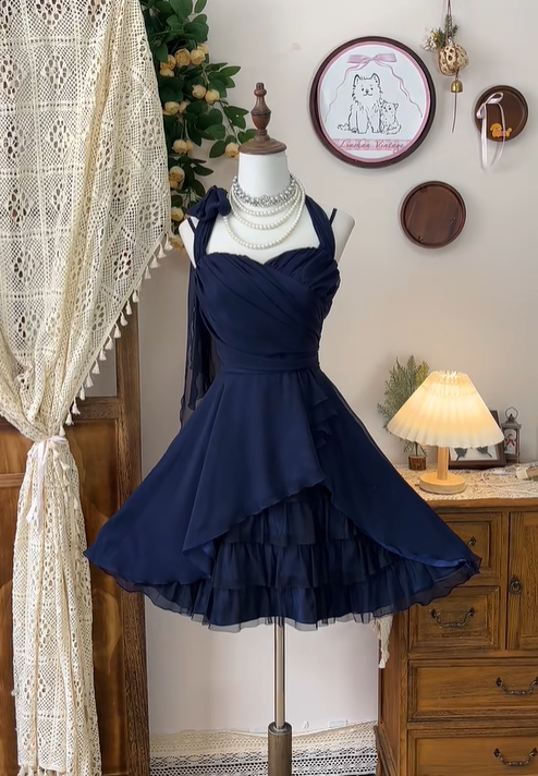 Classy Halter Chiffon Tulle Cocktail Dress Navy Blue A Line Grade Homecoming Dress Birthday Outfits Y8889