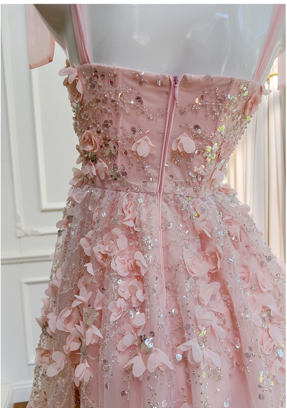 Elegant Spaghetti Straps Tulle Appliques A Line Short Homecoming Dress,Pink Mini 17th Birthday Outfits SP3266
