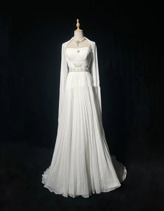 Classy Spaghetti Straps Chiffon Beaded Mermaid Party Dress White Birthday Prom Gowns SP1856