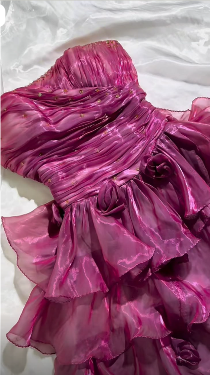 Glamorous Strapless Tulle Beaded Ruffle Layered Long Party Dress Fuchsia Long Evening Dress SP3739