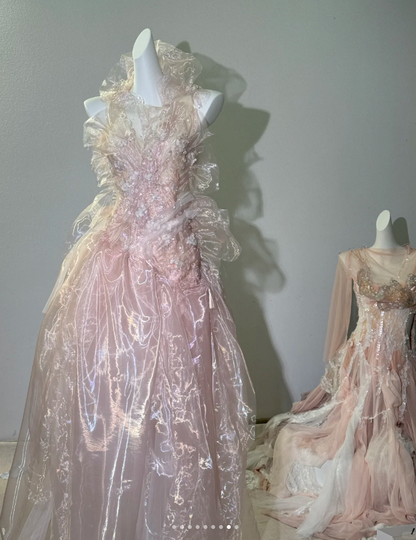 Fairy Pink Tulle Beaded Prom Dress,Long Backless Evening Dress Y8564