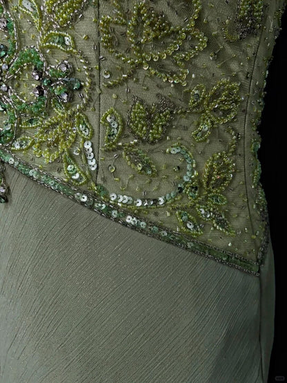 Elegant Halter V Neck Sage Green Chiffon Beaded Short Homecoming Dress Cocktail Dress SP2913