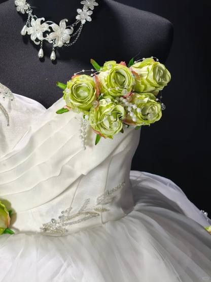 Cute White Strapless Satin Tulle Beaded 3D Floral A Line Short Homecoming Dress Birthday Dress SP3182
