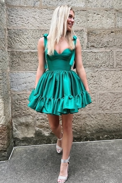 Cute Tie Straps Green Corset Ruffle Short Homecoming Dress Y2724