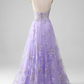 Women Sequins Purple Prom Dress with Embroidery A-Line Tulle Spaghetti Straps Party Dress Y7023