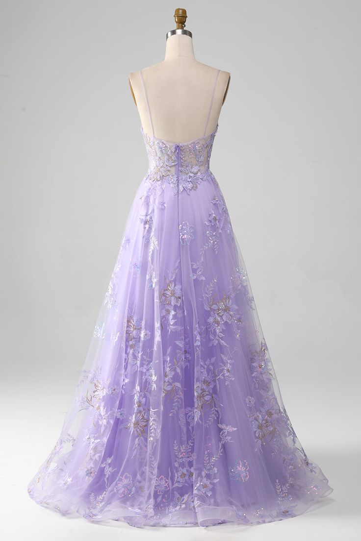 Women Sequins Purple Prom Dress with Embroidery A-Line Tulle Spaghetti Straps Party Dress Y7023