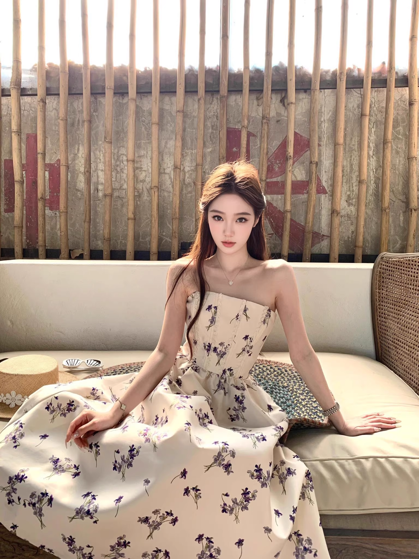 Sweet Strapless Off White Satin Print Floral A Line Long Evening Dress Birthday Dress SP2029